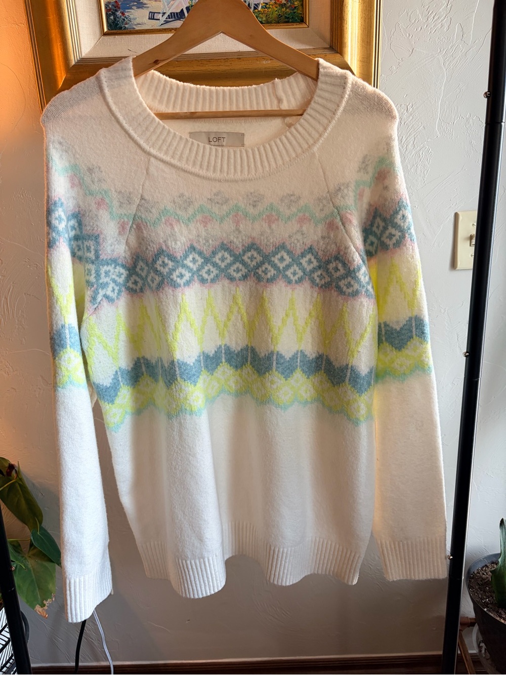 LOFT White Crewneck Sweater with Pastel Fair Isle Pattern XL